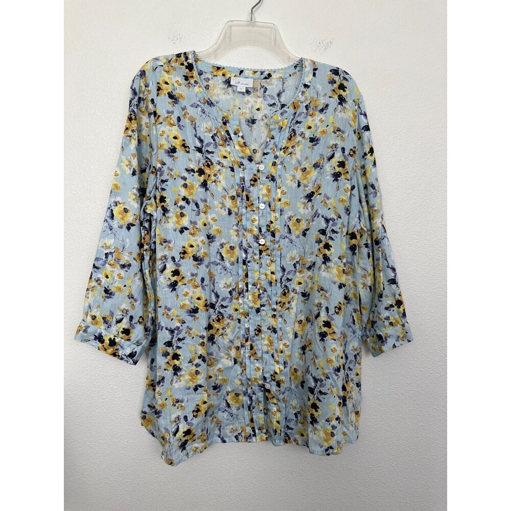 J Jill Love Linen Floral Tunic Top Button Down Blue 3/4 Sleeve Women's Large